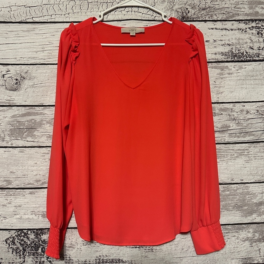 LOFT Medium Coral V Neck Blouse Smocked Cuff Top